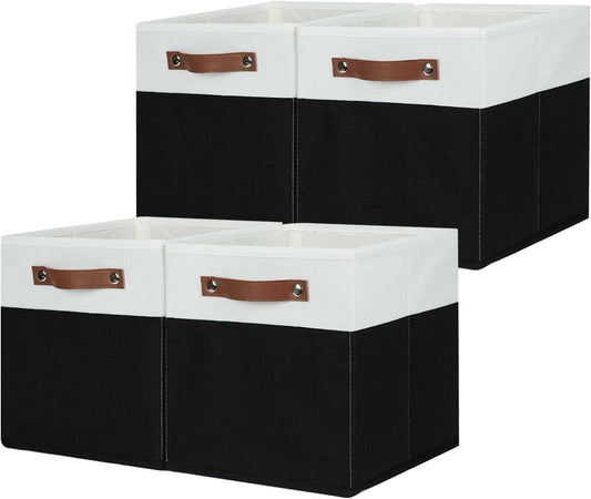 HNZIGE Cubes Storage Bins Set of 4,11 x 11 Fabric Storage Cube Baskets for Storage,Decorative Storage Bins for Shelves with Handles,Closet Clothes Baskets for Organizing Home(Black White)