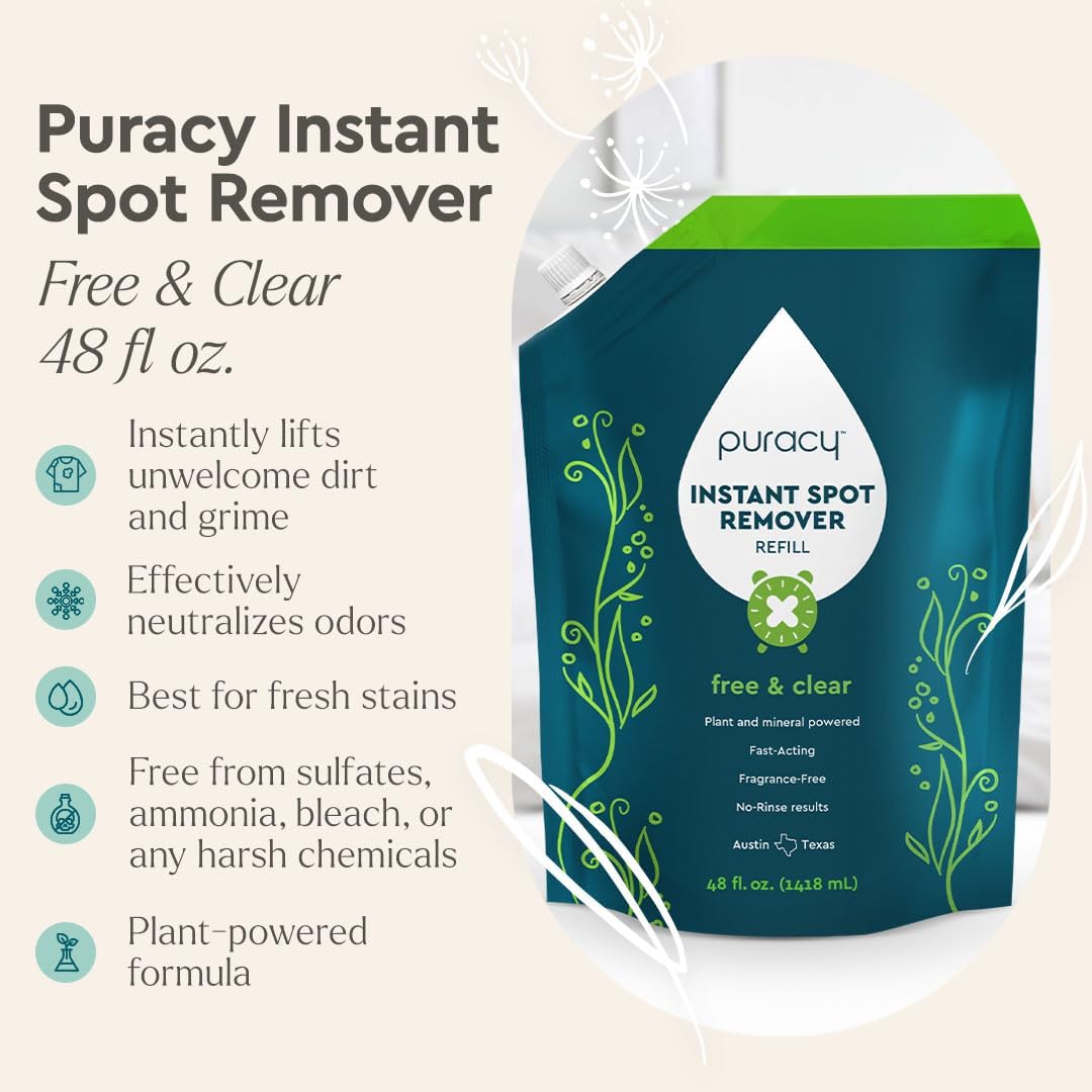 Puracy Laundry Stain Remover for Clothes Laundry - Carpet Stain Remover Carpet Spot Cleaner Couch Stain Remover - Clothes Spray, Free & Clear - Instant Spot Remover, 48 Fl Oz (Pack of 1)