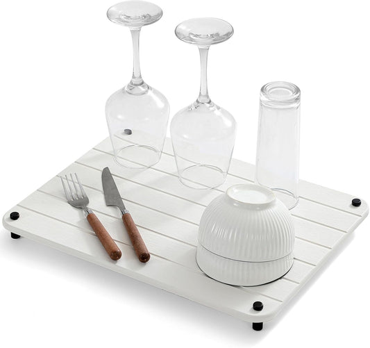 Stone Dish Drying Mat for Kitchen Counter, Water Absorbing Bathroom Tray Sink Organizer, Diatomaceous Earth Countertop Dish Rack Riser Sponge Holder Soap Dish, White, 16" x 12"