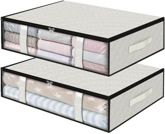 StorageRight Under Bed Storage Bins, 2-Pack 40L Foldable Fabric Storage Bags with Transparent Window, Breathable Organizer for Clothes/Blanket/Comforter/Quilt, White
