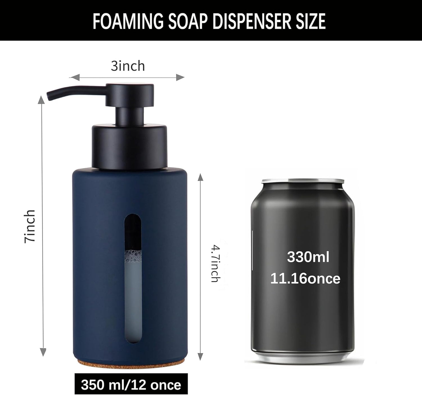 Enra Foaming Soap Dispenser with Window,12oz Blue Kitchen Soap Dispenser with Stainless Steel Hand Pump, Foam Modern Glass Refillable Bottle for Bathroom Kitchen (Blue Foam Dispenser)