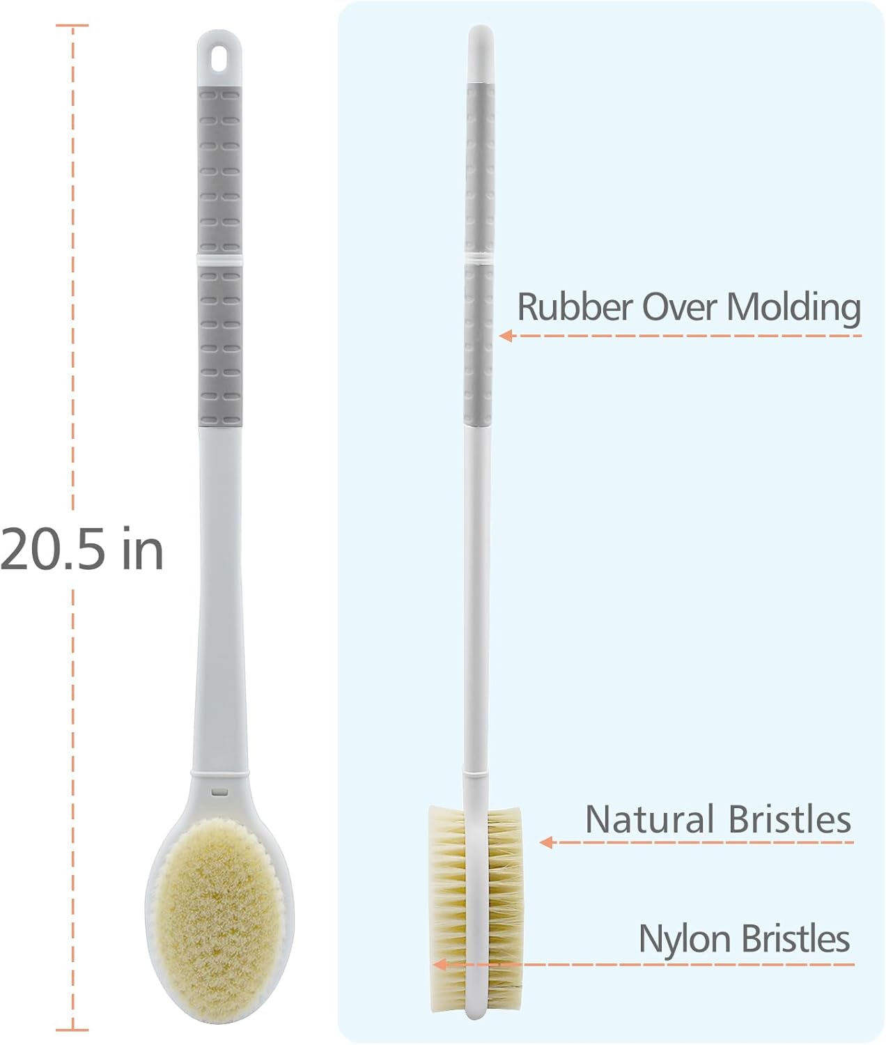 Shower Brush with Soft and Stiff Bristles,20.5" Extra Long Handle Dual-Sided Back Scrubber Bath Brush Body Exfoliator for Wet or Dry Brushing (Grey)(Super Long Handle)