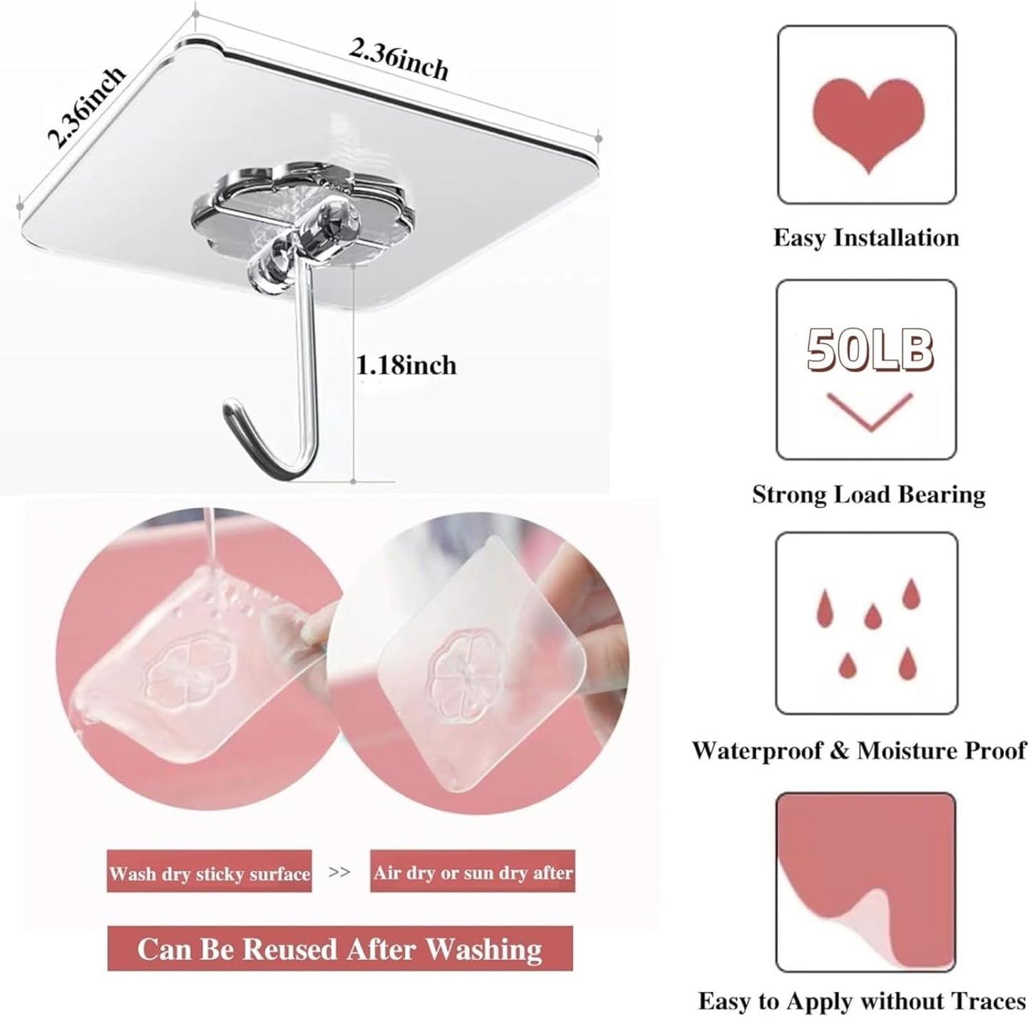 Adhesive Wall Hooks for Hanging Heavy Duty 50 lbs Large Hooks for Walls No Damage, Towel Sticky Clear Hook, Waterproof, Home, Bathroom, Kitchen, Office, and Outdoor 10 Pack