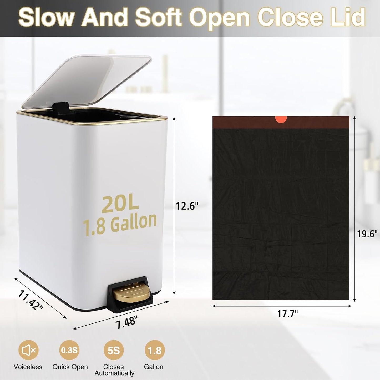 Small Bathroom Trash Can with Lid Soft Close, 1.8 Gallon Stainless Steel Garbage Can with Removable Inner Bucket,75Count Trash Bags, Slim Step Pedal Trash Bins