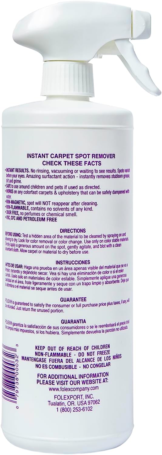 FOLEX Instant Carpet Spot Remover 32 oz – Powerful Stain Remover for Carpets, Upholstery & Rugs – Eliminates Pet Stains, Grease, Red Wine, Food, Makeup & More – With Reusable Cleaning Cloth – 5 Pack
