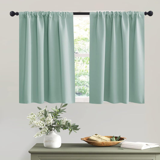 RYB HOME Room Darkening Kitchen Curtains, Farmhouse Small Window Drapes Rod Pocket Energy Efficient Privacy Shades for Nursery Girls Room Classroom, Aqua, W42 x L36 inches, 2 Panels Set