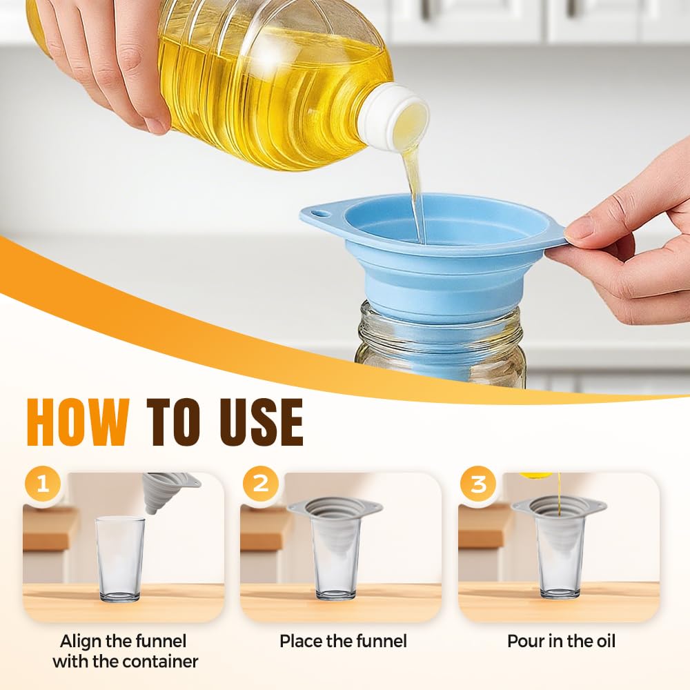 Kitchen Funnel Set 3 Pack, Collapsible Silicone Funnels for Filling Water Bottles & Small Bottles | Food-Grade, Easy Clean & Space-Saving (Blue)