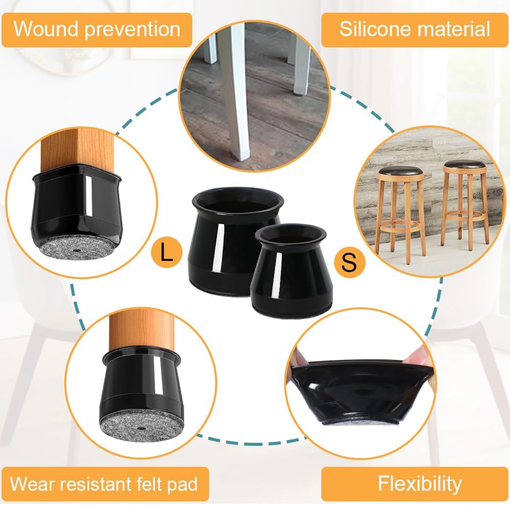32 Pcs Chair Leg Protectors for Hardwood Floors, Silicone Felt Furniture Leg Cover Pad for Protecting Floors from Scratches and Noise, Smooth Moving，Large(Fit Round Diameter：1-5/16" to 2")