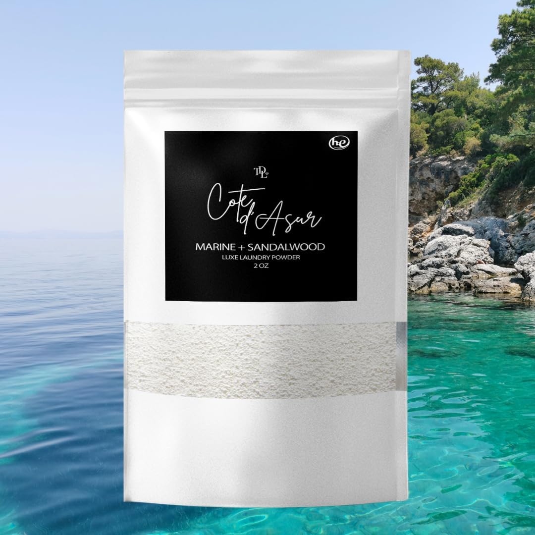 Home 'COTE D'AZUR Laundry Detergent Powder & Laundry Booster – Ultra-Concentrated Marine & Sandalwood Scent – Plant-Based, Stain-Fighting, HE Safe, Gentle on Skin – 32 oz / 64 Loads