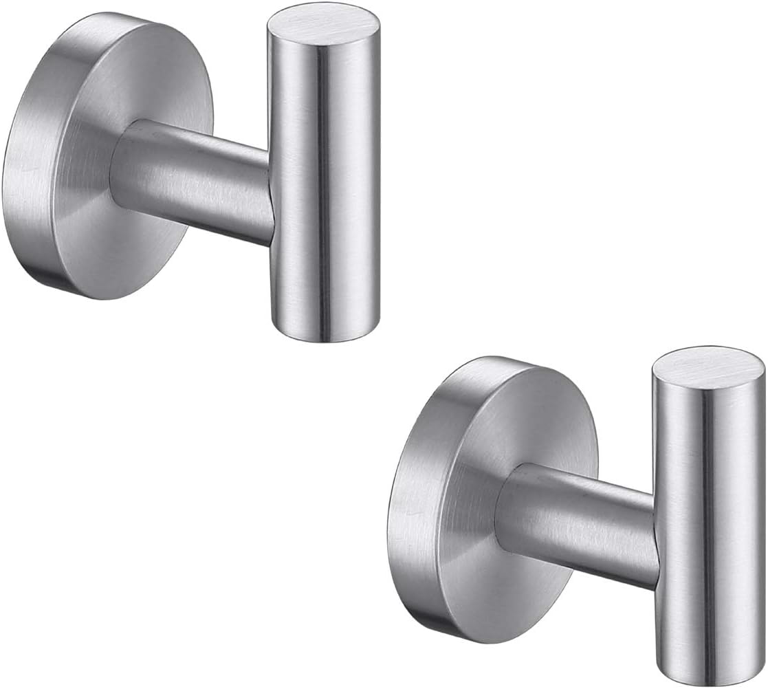 TASTOS Bathroom Towel Hooks Brushed Nickel, 2 Pack Stainless Steel Robe Coat and Clothes Hook, Heavy Duty Wall Hook for Bathroom & Kitchen, Modern Round Style Screw Wall Mounted