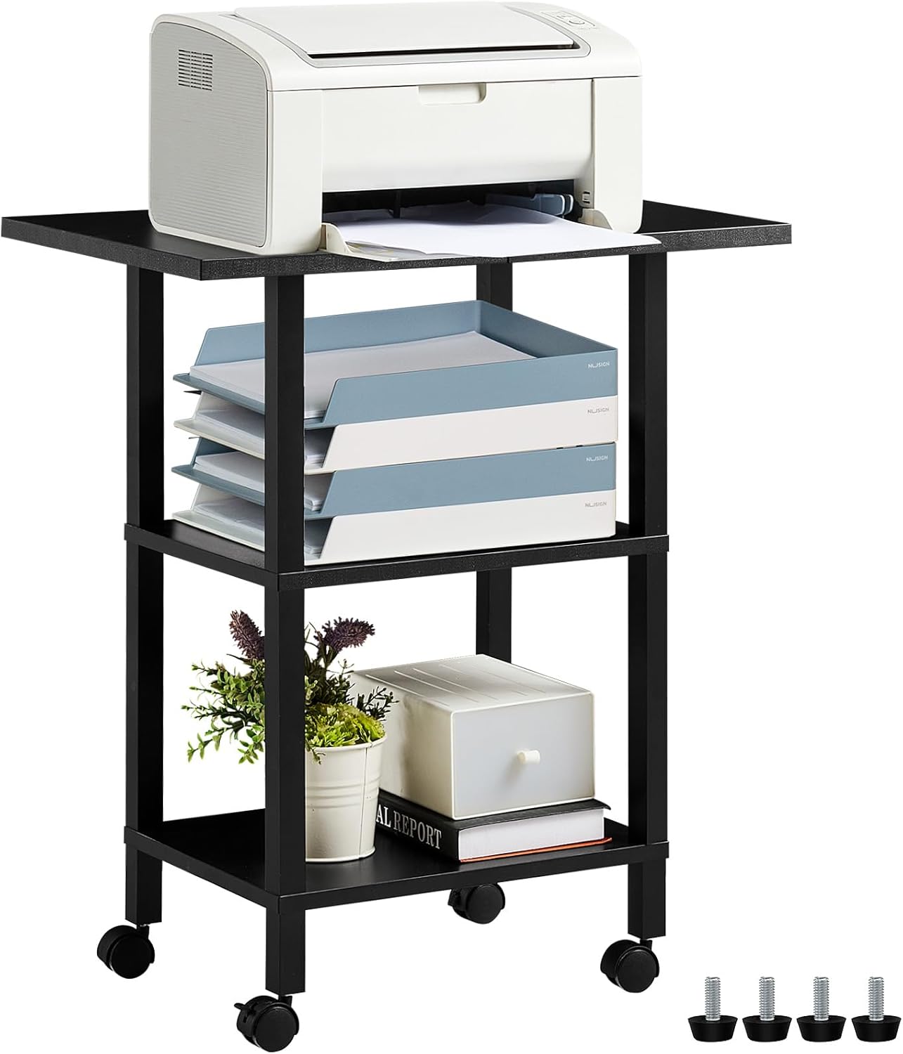 Lerliuo 3 Tier Printer Stand with Storage, Printer Table for Home Office, Wooden Rolling Printer Cart Shelf with Lockable Wheels fit Fax Machine, Scanner(Black)