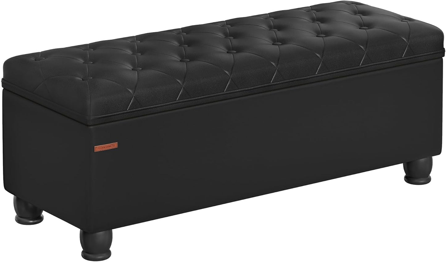SONGMICS Storage Ottoman, Storage Bench, Tufted Entryway Bedroom Bench, 17.7 x 46.5 x 17.7 Inches, Hinges Easy Lid Operation, Wooden Legs, Synthetic Leather, Loads 330 lb, Classic Black ULOM071B01