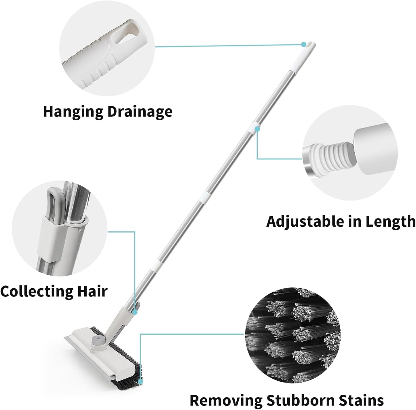 Floor Scrub Brush with Long Handle, 3 in 1 Scrape and Heavy-Duty Stiff Bristle Scrubber Brush for Cleaning Shower Bathroom, Patio, Garage, Kitchen, Wall and Deck (White, 1 Pack)