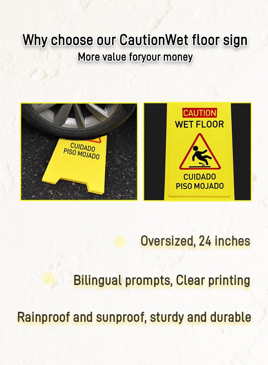 4-Pack Caution wet floor sign,24 in. (approx. 60 cm) Height,Bright Yellow Double-Sided Folding A-Shaped Frame Design, Bilingual Caution Message