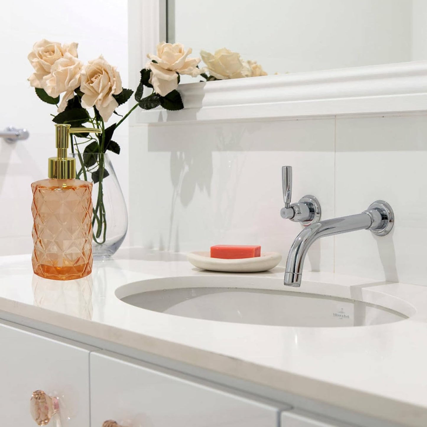 Glass Soap Dispenser with Gold Plastic Pump, 12oz Refillable Liquid Hand Soap Dispenser, Crystal Lotion Bottle for Modern Home Decor, Bathroom, Kitchen Countertop, Hotel(Amber)