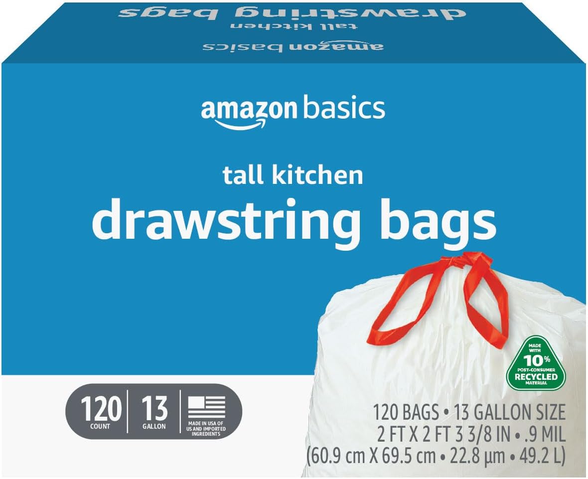Amazon Basics 13 Gallon Tall Kitchen Drawstring Trash Bags, Unscented, 10% Post Consumer Recycled, 120 Count