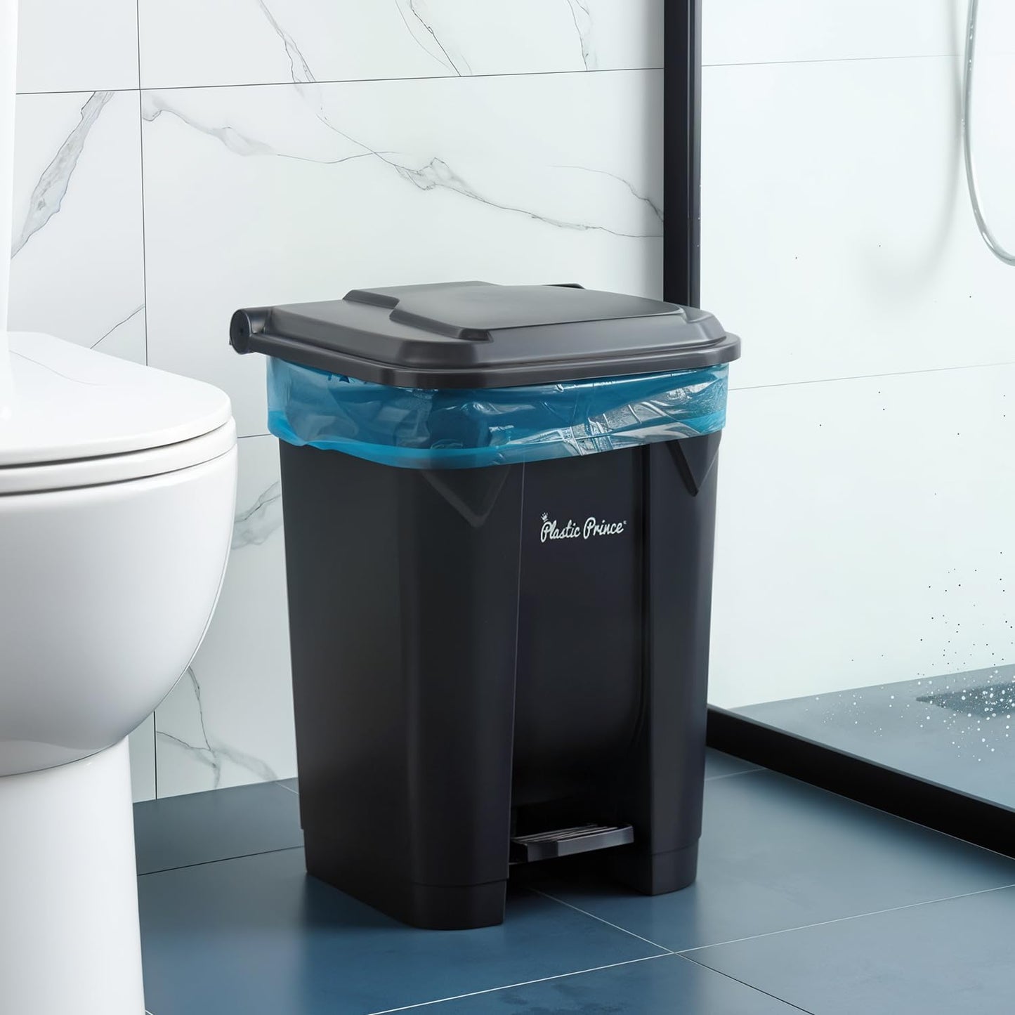 14 Gallon Step-On Trash Can/Container, Black Plastic Dustbin with Lid and Foot Pedal, Hands-Free Disposal