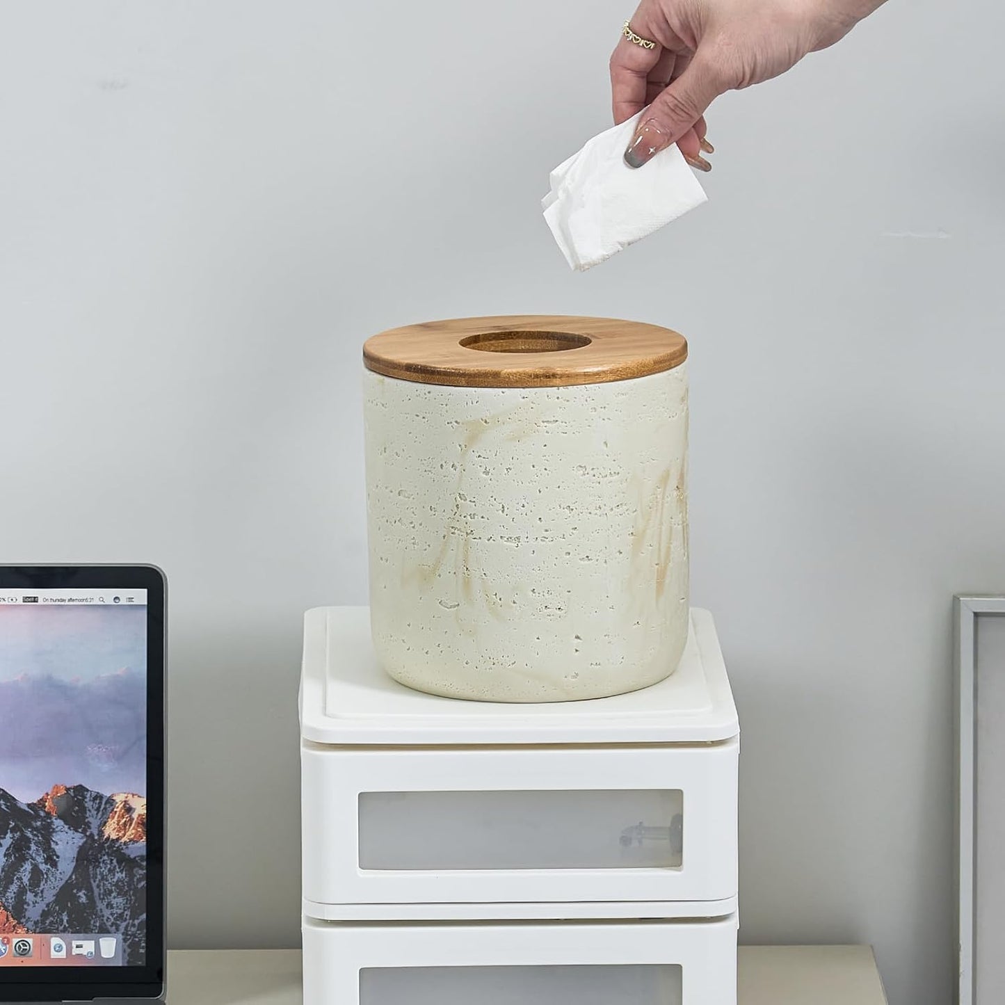 Natural Travertine Textures Beige Mini Trash Can with Bamboo Lid,Small Countertop Trash Can for Bathroom, Kitchen, Vanity, Desk Trash Can,Table Top Mini Garbage Can for Dining Room, Tiny Waste Basket