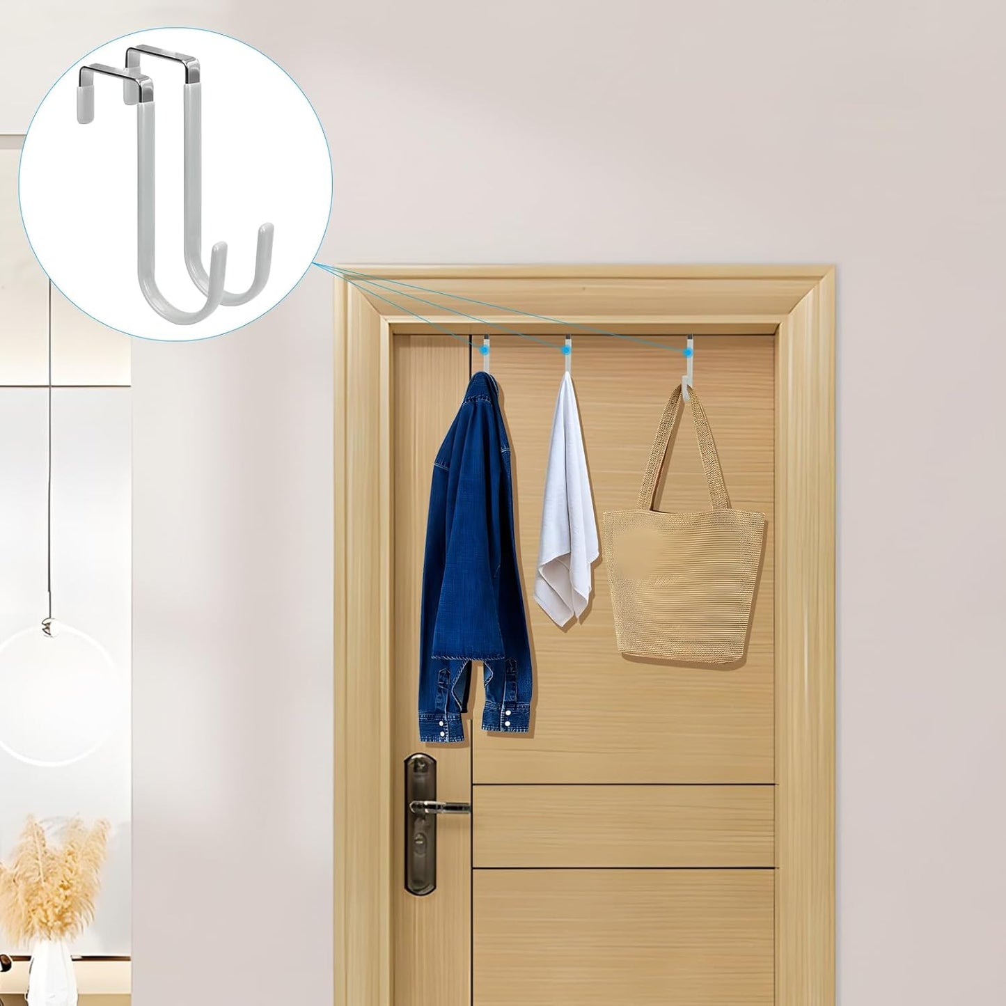 FYY Over The Door Hooks, 4 Pack Door Hangers Hooks with Rubber Prevent Scratches Heavy Duty Organizer Hooks for Living Room, Bathroom, Bedroom Hanging Clothes, Towels, Hats, Coats, Bags Silver