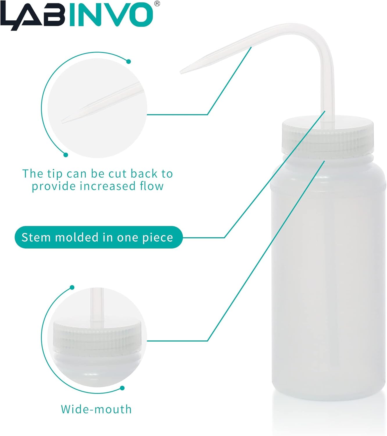 6pcs of Economy Wash Bottles, Vol.500ml (17oz), Wide-Mouth, Self-Venting Safety Wash Bottles, LDPE Material, IN-WBW500