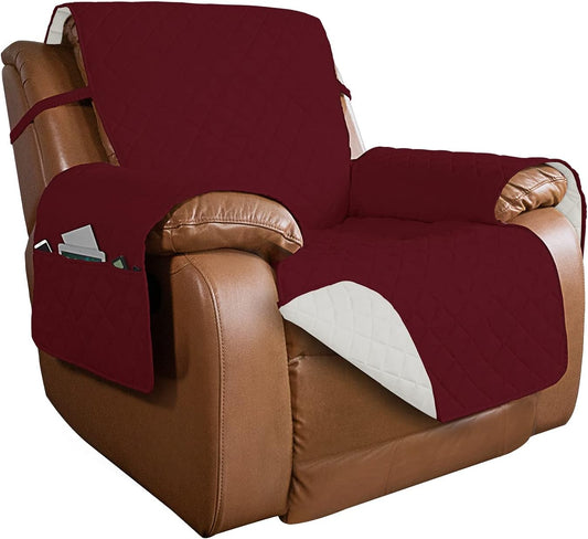 PureFit Reversible Quilted Sofa Cover, Water Resistant Slipcover Furniture Protector, Washable Couch Cover with Non Slip and Elastic Straps for Kids, Dogs, Pets (Oversized Recliner, Red/Ivory)