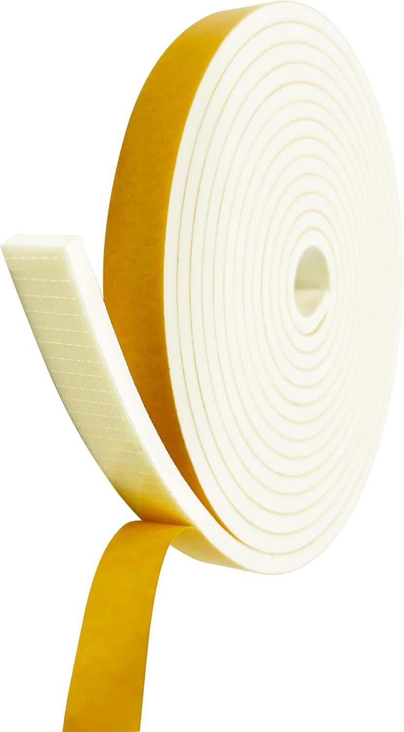 Weather Stripping Foam Tape, 17 Ft Door Seal Strip, EVA Material, High Density 1/4" Thick, No Residue Adhesive, Weatherproof Door Seal Strip for Sliding Door, Windows, White (1/2" Wide)