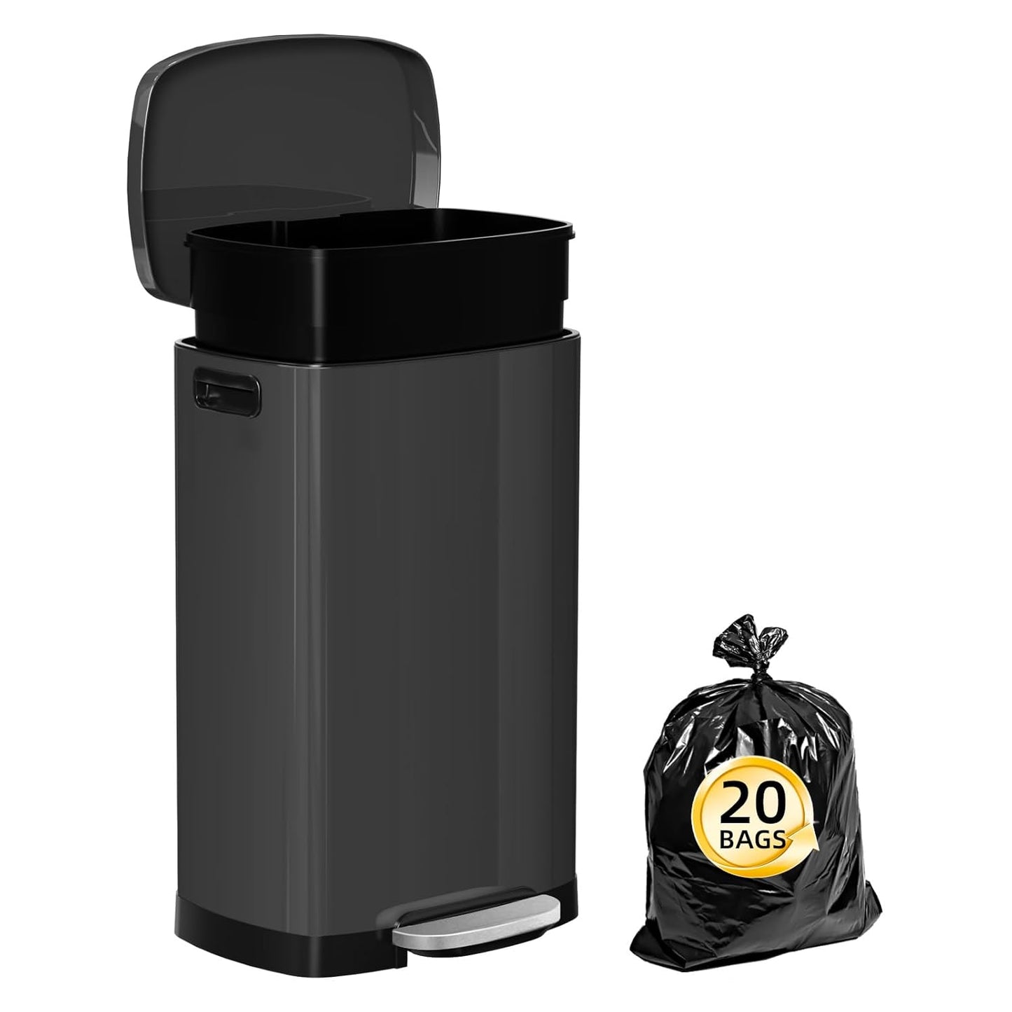 13 Gallon Trash Can with Lid, 50L Fingerprint Proof Stainless Steel Kitchen Trash Can with Removable Inner Bucket and Lid Soft Close, Pedal Rubbish Bin for Home Office, Titanium Black