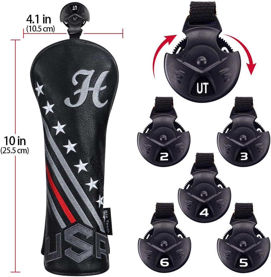 Big Teeth Golf Cover USA Stripe and Star Headcover Covers, Driver Fairway Wood Hybrid Headcovers Fits Blade Mallet Putter Iron and Woods with Magnetic Club Protector Pu Leather Golf Accessories