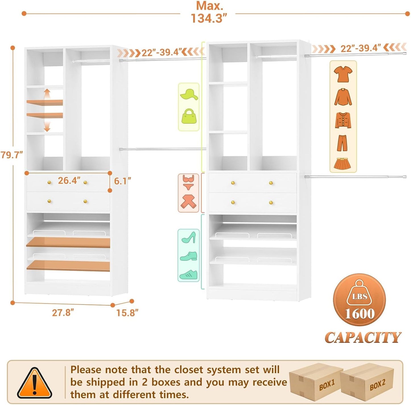 Closet System, Up to 134"/11.2 FT Closet Organizer with 4 Wooden Drawers and Shelves, Walk-in Closet System with 6 Hanging Rods, Built-in Closet Can Fit 96"/8FT, 120"/10FT, White
