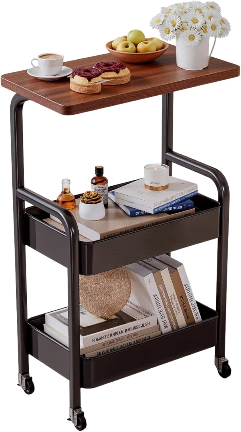 3 Tier Metal Rolling Utility Cart Organizer with Walnut Table Top, Stable and Sturdy Rolling Storage Carts with 2 Lockable Wheels for Kitchen，Bathroom，Snacks，Coffee，Craft，Makeup，Baby Essentials