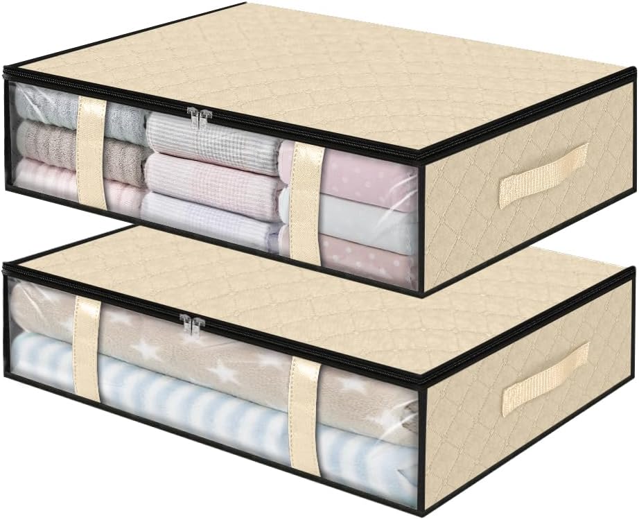 StorageRight Under Bed Storage Bins, 2-Pack 40L Foldable Fabric Storage Bags with Transparent Window, Breathable Organizer for Clothes/Blanket/Comforter/Quilts,Beige