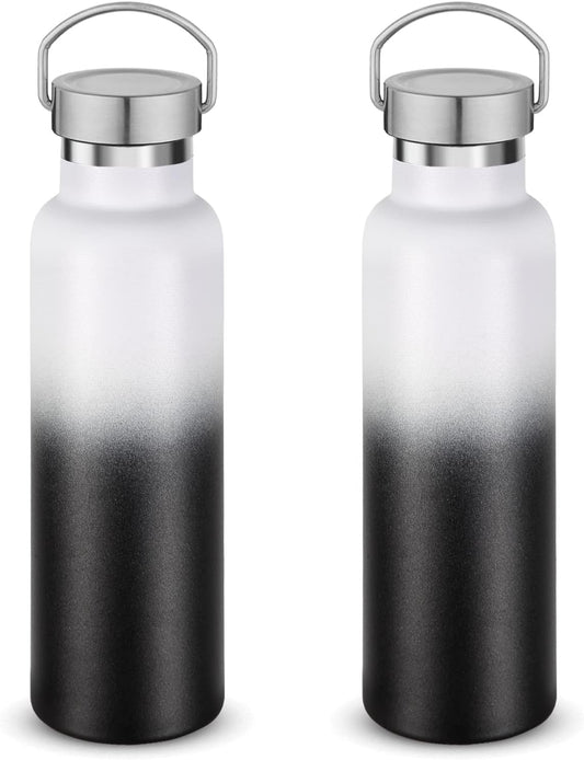 Neihepal 20 oz Insulated Water Bottles Bulk 2 Pack,Stainless Steel Double Wall Sport Bottle with Lid of Handle,Metal Reusable Thermoses Flask for School,Cyclists,Hikers,Gift (White-Black,Set of 2)
