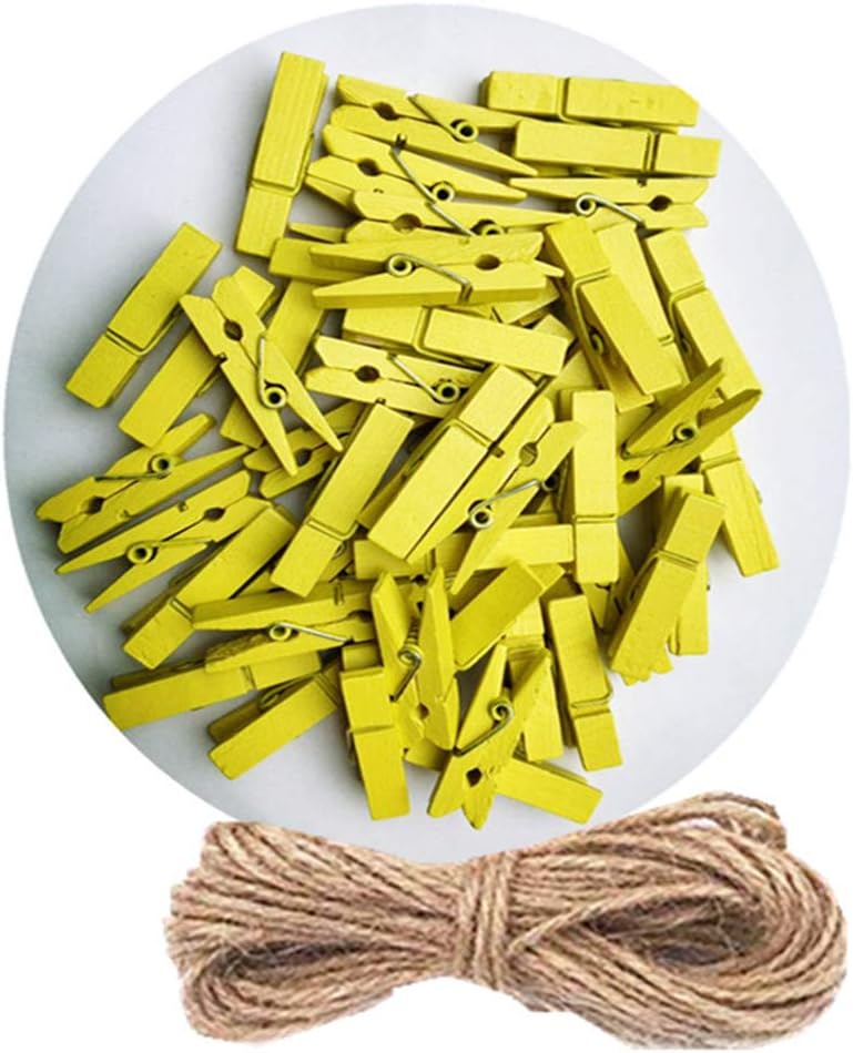 DurReus Sturdy Clothes Pegs Clamps DIY Craft Mini Colored Wood Clothespins Clip Holiday Christmas Cards with Twine Pack 50 Yellow