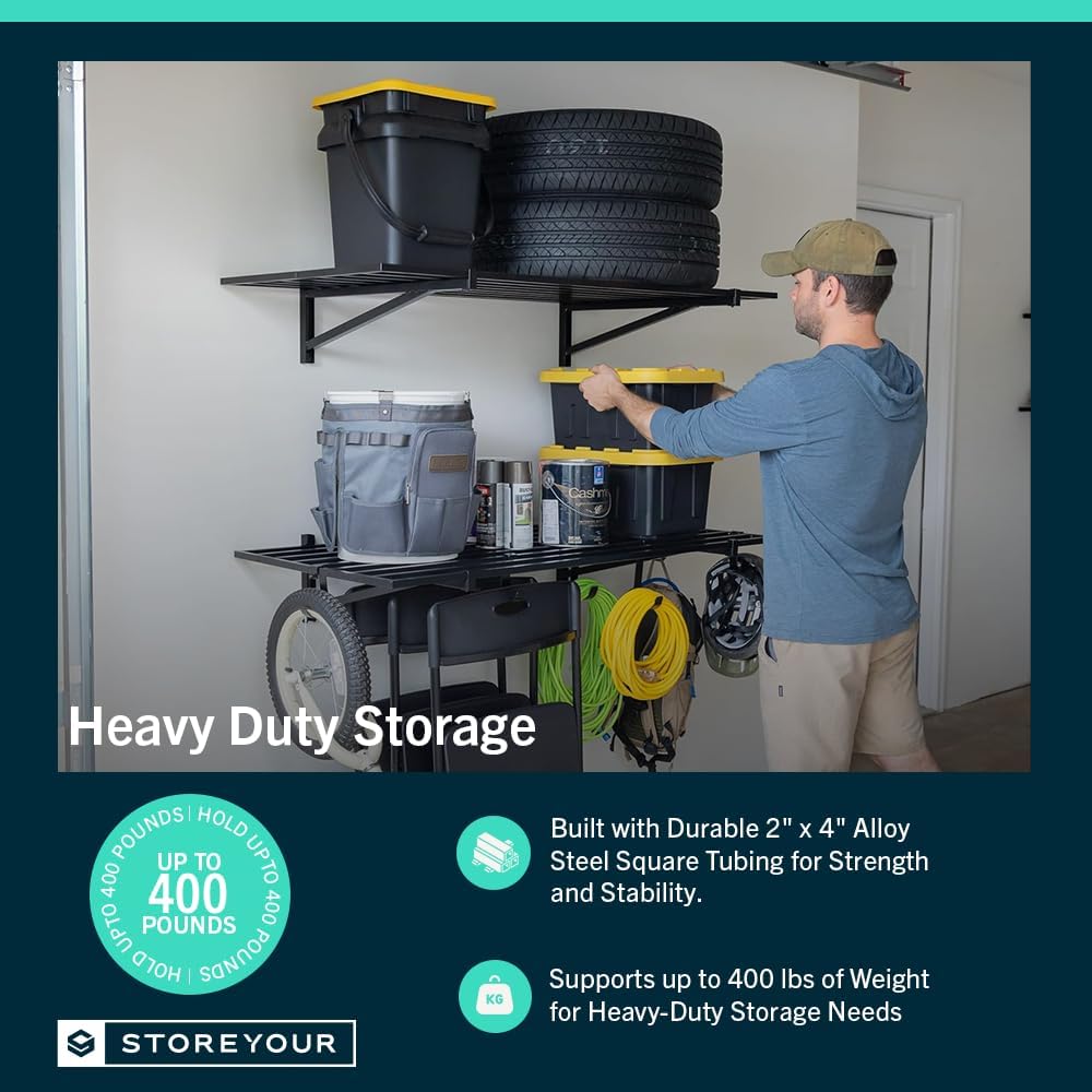 StoreYourBoard 2-Pack Heavy Duty Wall Shelves – Wall-Mounted Garage Storage Shelving and Organization for Sheds, Closets, or Utility Rooms – Holds 200 lbs, 2ft x 4ft, Black