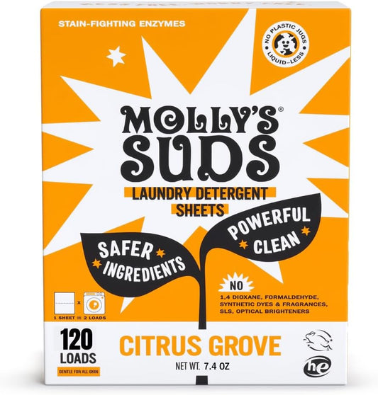Molly’s Suds Laundry Detergent Sheets | Gentle on Sensitive Skin, Powerful Bio-Based Enzymes, Stain-Fighting | Liquidless & Plastic-Free Packaging | 120 Loads (Citrus Grove)