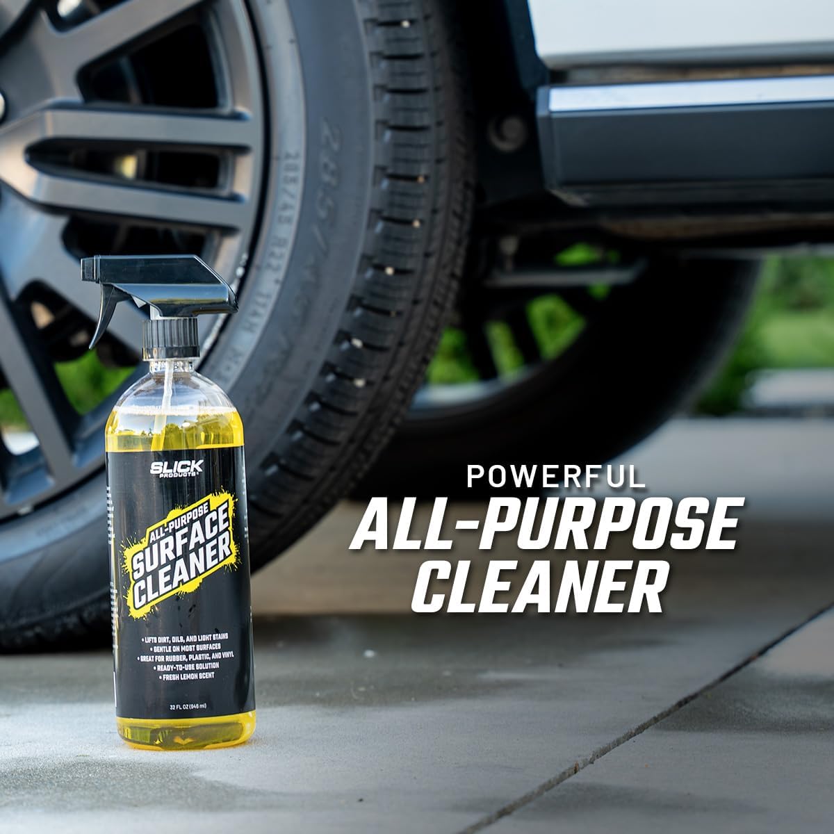 Slick Products All-Purpose Surface Cleaner – Heavy-Duty Interior & Exterior Car Cleaner for Vinyl, Plastic, Rubber, Carpet & Upholstery – Ready-to-Use Formula with Fresh Lemon Scent – 128 oz.