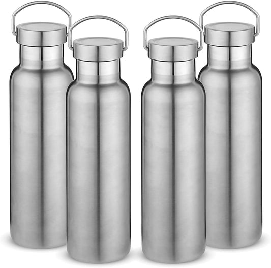 Neihepal 20 oz Insulated Water Bottles Bulk 4 Pack,Stainless Steel Double Wall Sport Bottle with Lid of Handle,Metal Reusable Thermoses Flask with Cup Cap for School,Hikers,Gift (Silver,Set of 4)