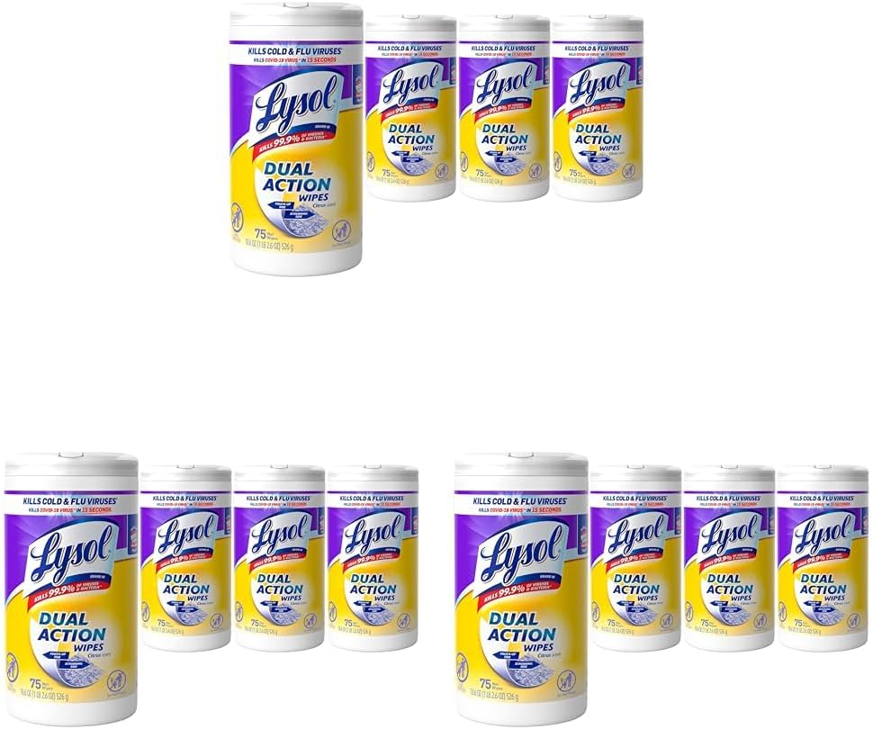 Lysol Dual Action Disinfectant Wipes, Multi-Surface Antibacterial Scrubbing Wipes, For Disinfecting and Cleaning, Citrus Scent, 75ct (Pack of 12), Packaging May Vary