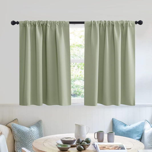 RYB HOME RV Curtains for Camper Windows - Soft Thermal Insulated Small Window Curtain Tiers for Cafe Kitchen Bedroom Basement Glass Door Window, W 42 x L 30 inches, Sage Green, 2 Panels