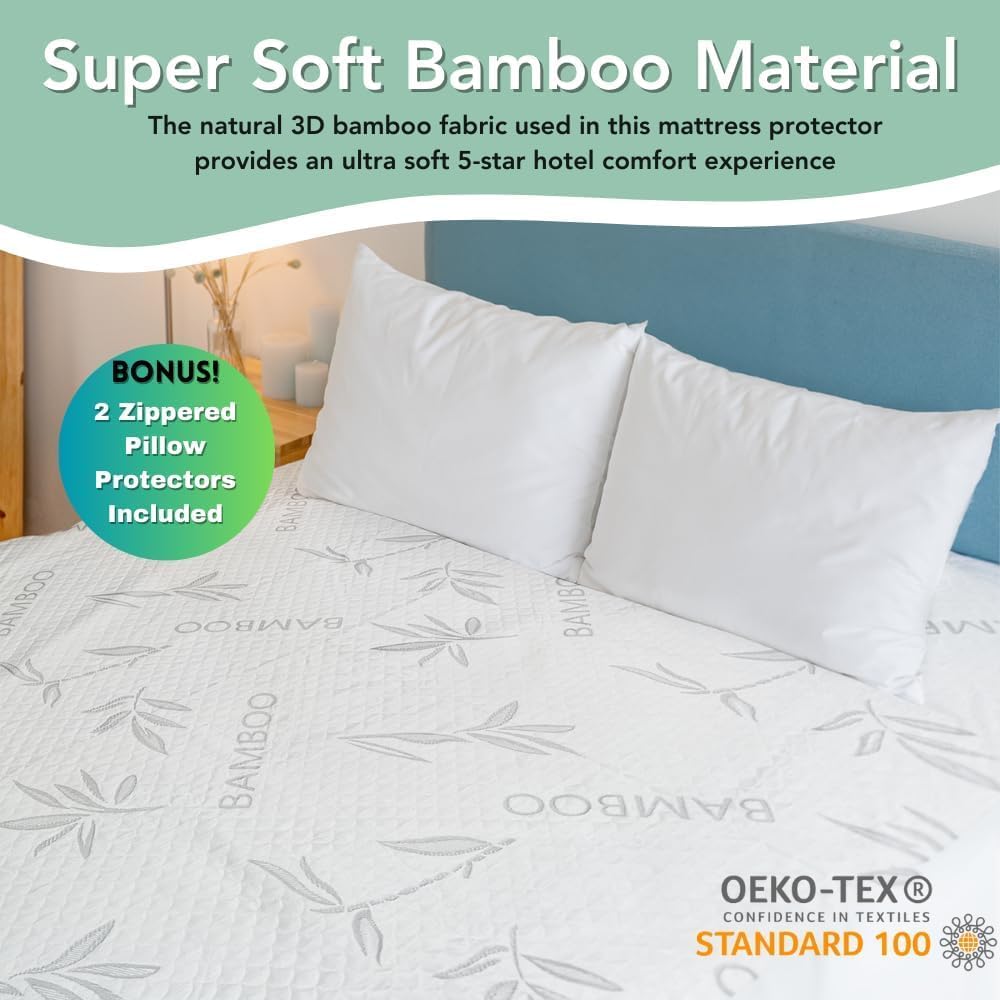 Bamboo Rayon Mattress Protector with Zipper + 2 Pillow Protectors - 100% Waterproof Cooling Cal King Size Cover - Ultra Soft Fabric Breathable Noiseless Mattress Pad Covers Zippered Encasement