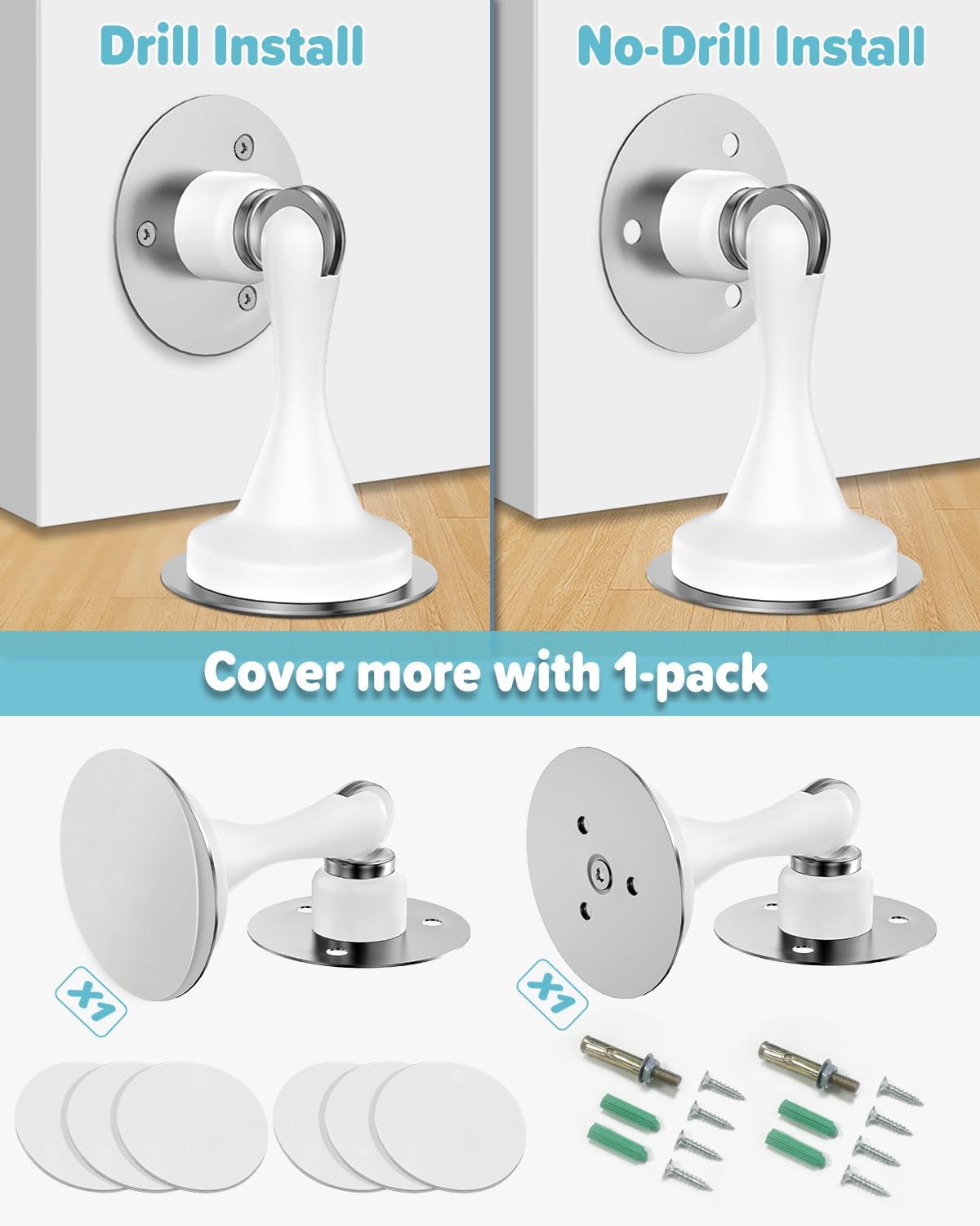 Magnetic Door Stoppers Door Catch - 1 Pack Stainless Steel Heavy Duty Door Stops for Bottom of Door, Wall & Floor Mounting No-Drill Strong Adhesive & Screws, Strong Door Holder to Keep Door Open
