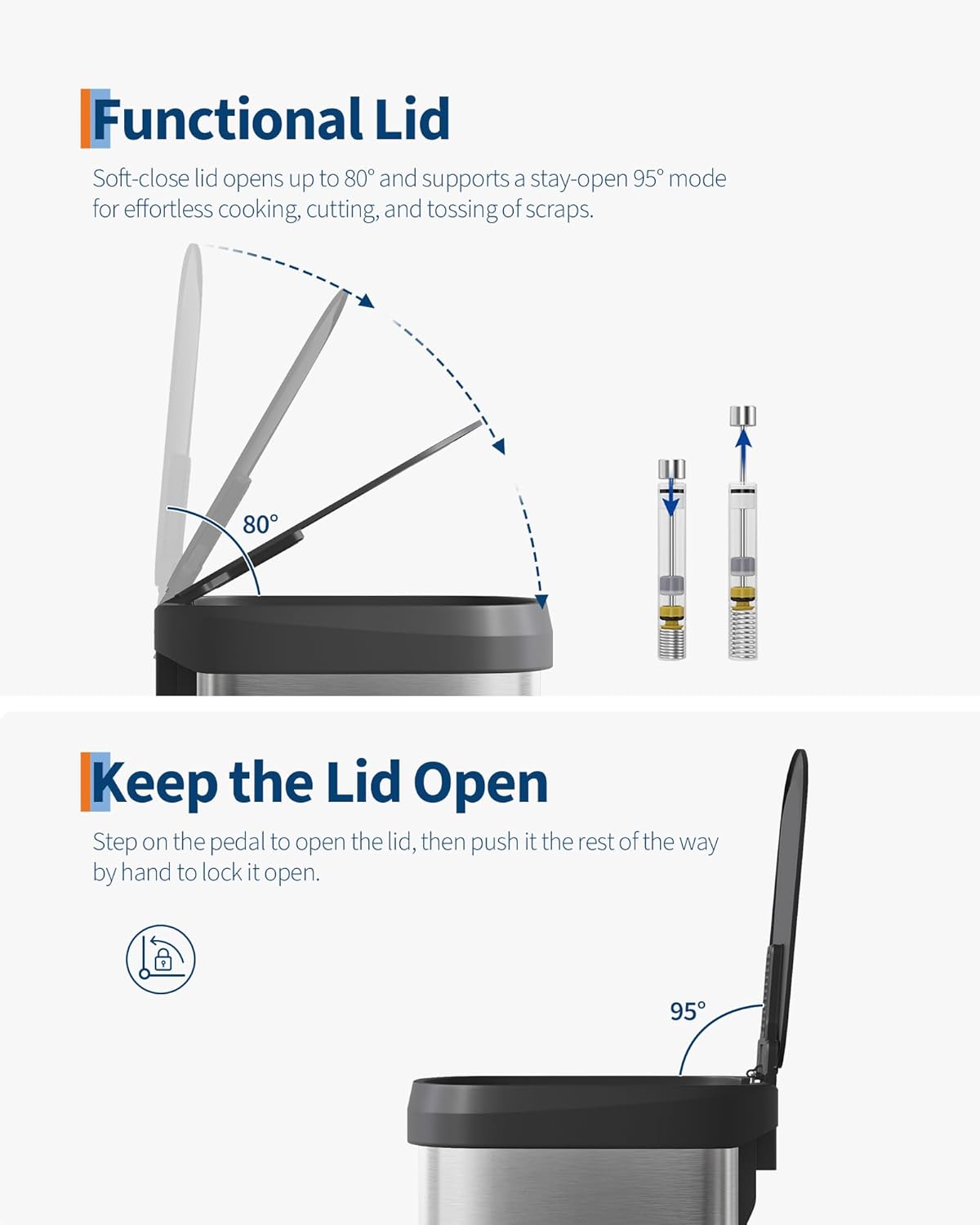 16 Gallon (60 l) Trash Can, Stainless Steel Kitchen Garbage Can, Recycling or Waste Bin with Liner Rim, Rear Handle, Soft Close Plastic Lid Step-on Pedal, Removable Inner Bucket