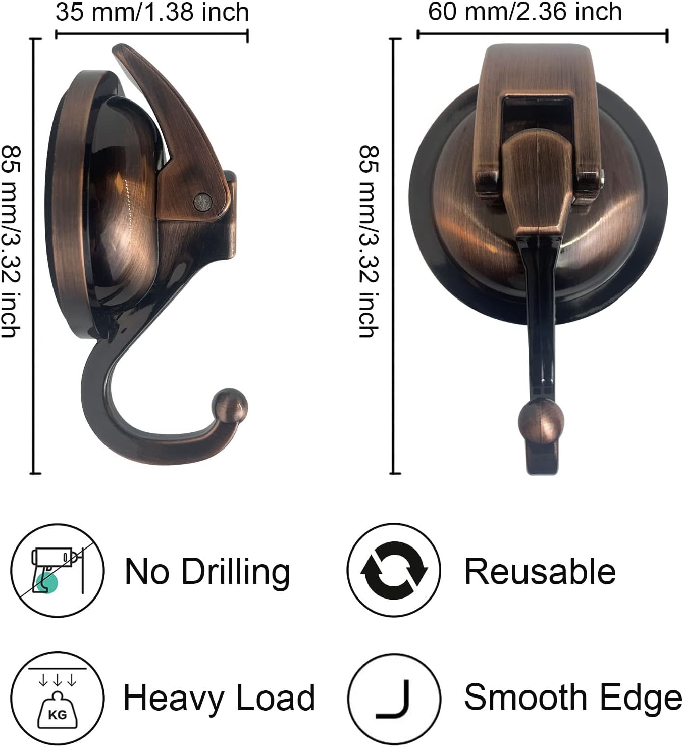 Suction Cup Hooks Heavy Duty Vacuum Suction Shower Hooks Glass Suction Cup Hooks Bathroom Robe Hooks Reusable, No Hole Punched, for Garland Decoration (Antique Brass, 4 Pack)