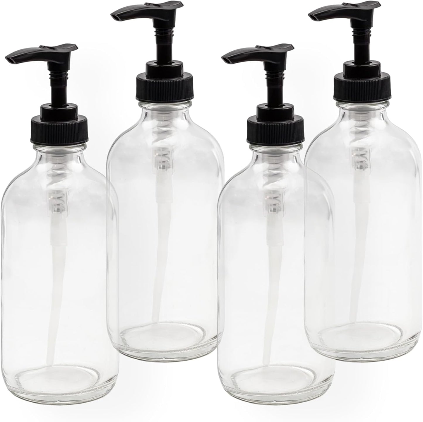 Cornucopia Brands 8oz Clear Glass Pump Bottles (4-Pack w/Black Plastic Pumps), Great as Essential Oil Bottles, Lotion Bottles, Soap Dispensers, and More