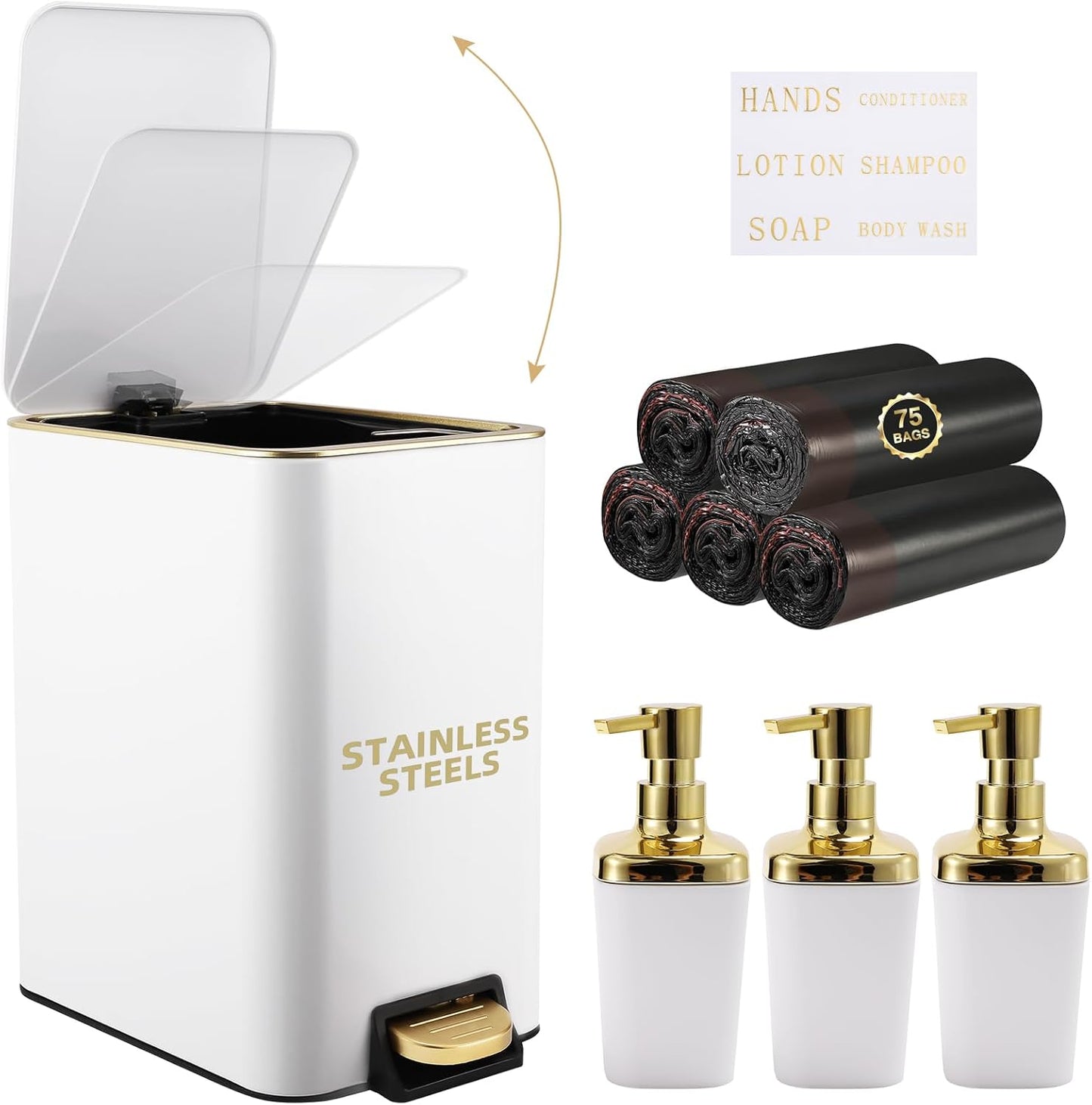 Small Bathroom Trash Can with Lid Soft Close, 1.8 Gallon Stainless Steel Garbage Can with Removable Inner Bucket,3PCS Soap Dispenser,75Count Trash Bag, Slim Step Pedal Trash Bins