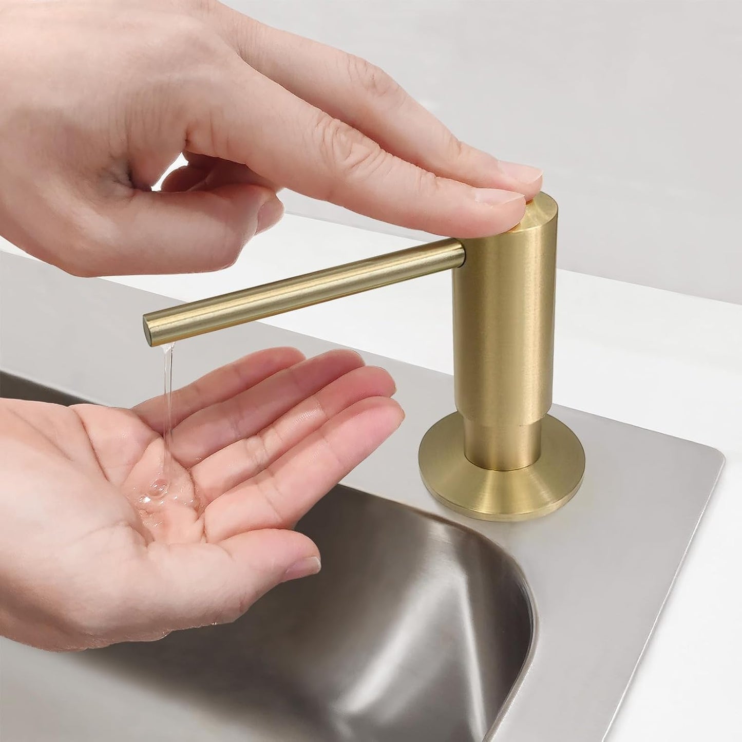 Brushed Gold Built in Dish Soap Dispenser for Kitchen Sink with 17 OZ PET Soap Bottle Refill from The Top, Under Counter Brass Pump Head Liquid Lotion Dispenser, Undermount Copper Pump Head