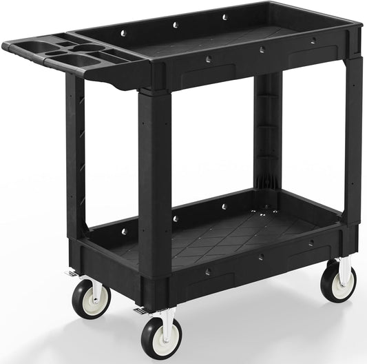 2 Shelf Heavy Duty Plastic Utility Cart, Service Cart Tub Storage W/Deep Shelve Holds up to 1000 lbs, Rolling Utility Cart with 360°Swivel Wheels, Work Cart for Warehouse, Garage, Cleaning