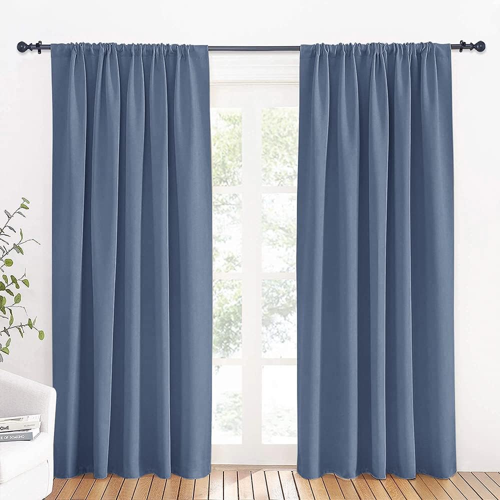 RYB HOME Blue Blackout Curtains 70 inch Width - Rod Pocket Room Darkening Window Shades Privacy Theraml Insulated Backdrops for Living Room Home Office, W70 x L84 inch, Stone Blue, 1 Pair