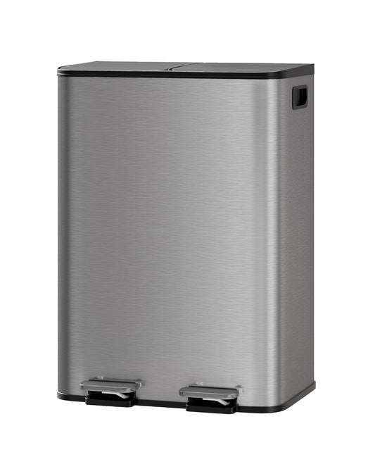GarveeHome 2 x 8 Gallon Stainless Steel Double Trash Can with Lid for Kitchen, Large Dual Trash and Recycle Bin Combo, Step-on Kitchen Metal Garbage Cans, PP Inner Buckets, Liner Rim, Matte Grey