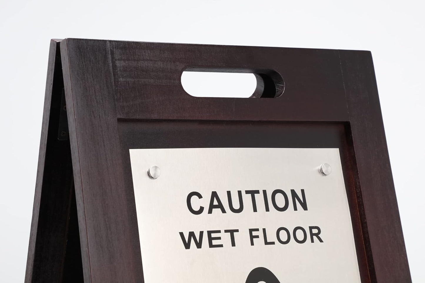 Premium Wooden Caution Wet Floor Sign – Bilingual w/Non-Skid Plastic Feet, Brushed Nickel Plate – For Hotels, Schools, Offices, Areas, Restrooms, Pool Decks & Shops